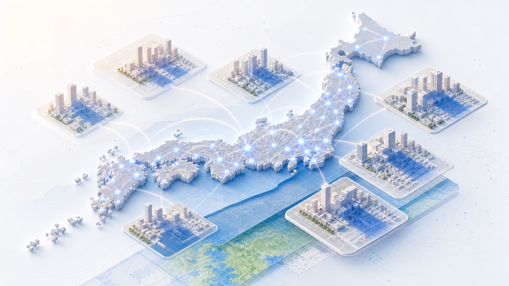 日本全国の都市データと3D建物タイルがつながるPLATEAU対応エリアのイメージ
