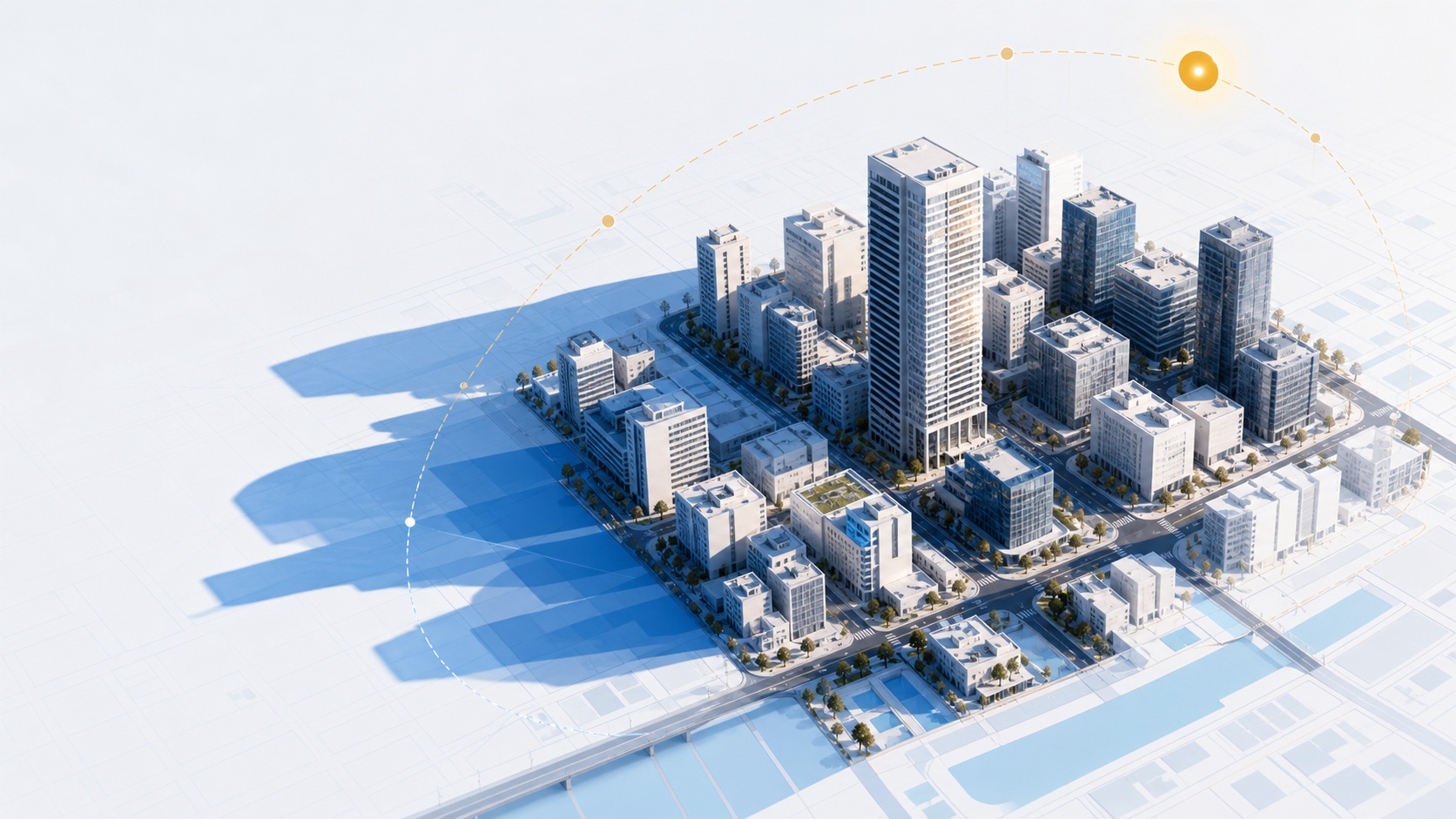 都市の3D建物モデルに日影が投影される日影シミュレーション画面